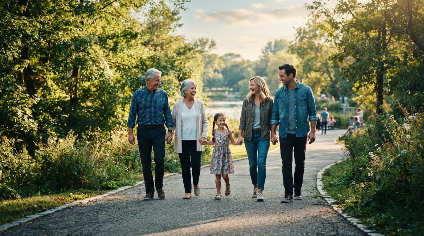 Multigenerational Vacation Planning Without Overbooking Three generations of a family walking together on a sunny park path.
