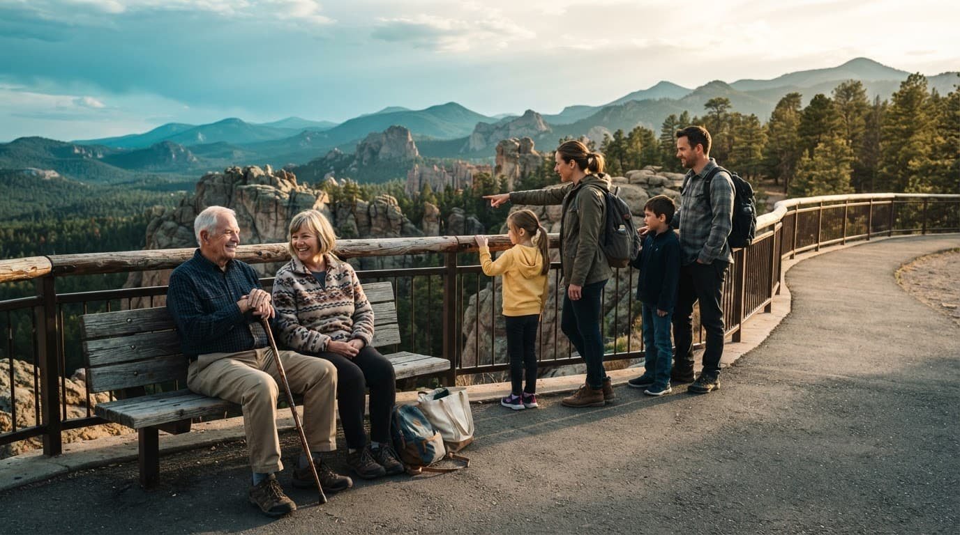 Six relatives relax by a national park overlook, with one seated beside benches and travel bags.