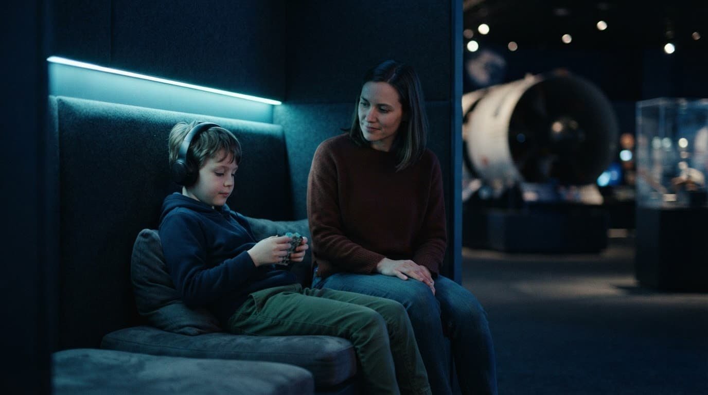 An autistic child relaxes beside a seated parent in a dim museum rest area.