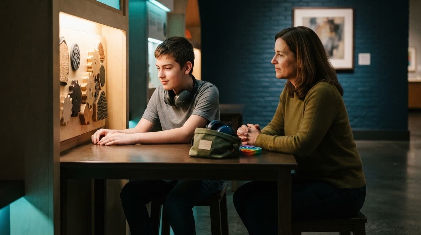 An autistic teenager and parent sit beside a hands-on exhibit with a sensory bag nearby.
