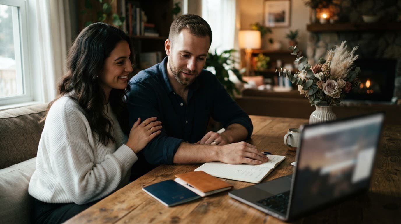 Honeymoon vs Mini-Moon: Pick a Trip That Fits Newlyweds compare honeymoon plans with passports, budget papers, and a laptop at home.