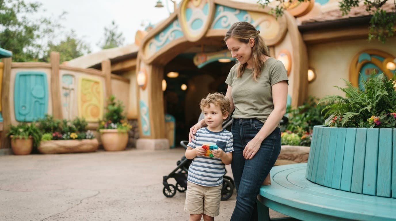 SeaWorld Orlando Autism Guide for First-Time Families A parent and child stand calmly outside a colorful family attraction.