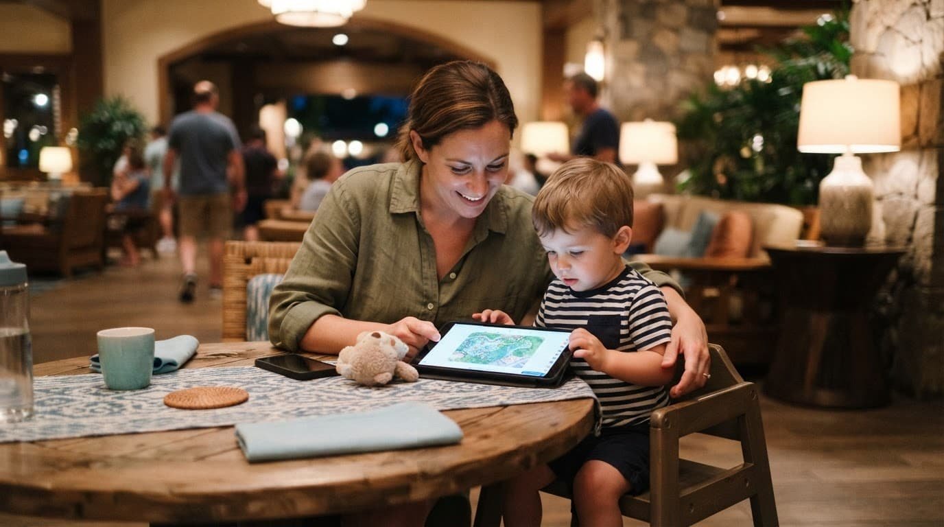 A parent and toddler look at a tablet together at a resort table.