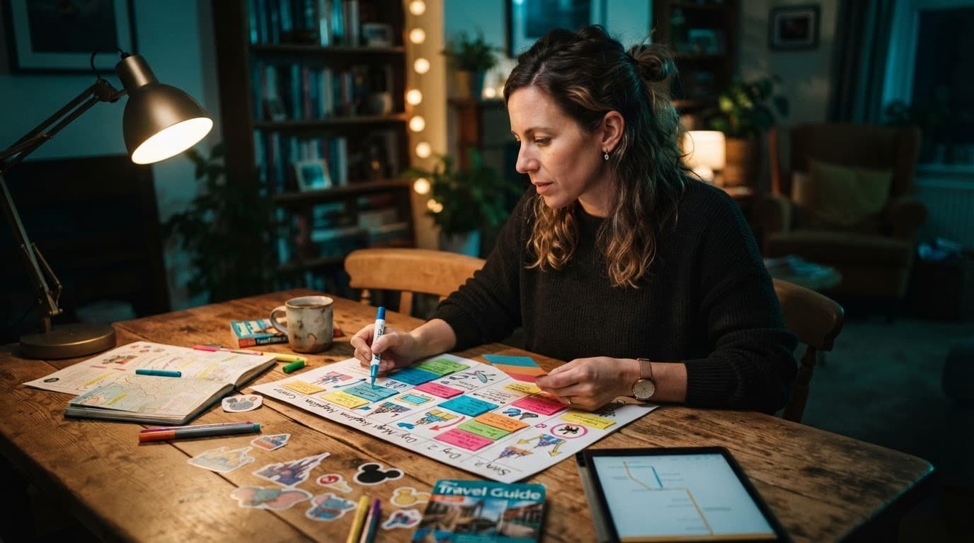 Magic Kingdom Autism Guide for First-Time Disney Families A parent reviews a colorful schedule and vacation planner at a wooden table.
