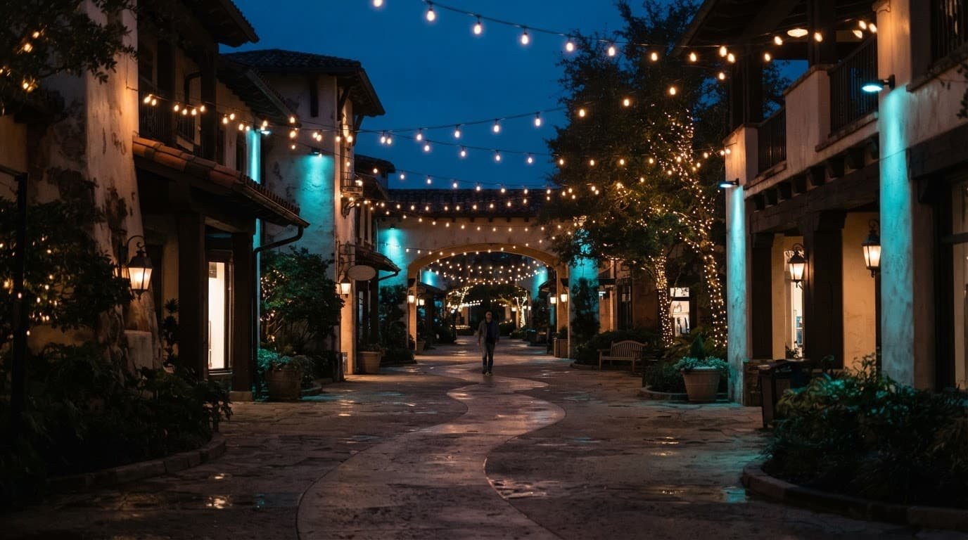 Disney Springs Autism Guide for a Calmer Evening A lit shopping walkway at dusk with one distant person and cool blue accents.