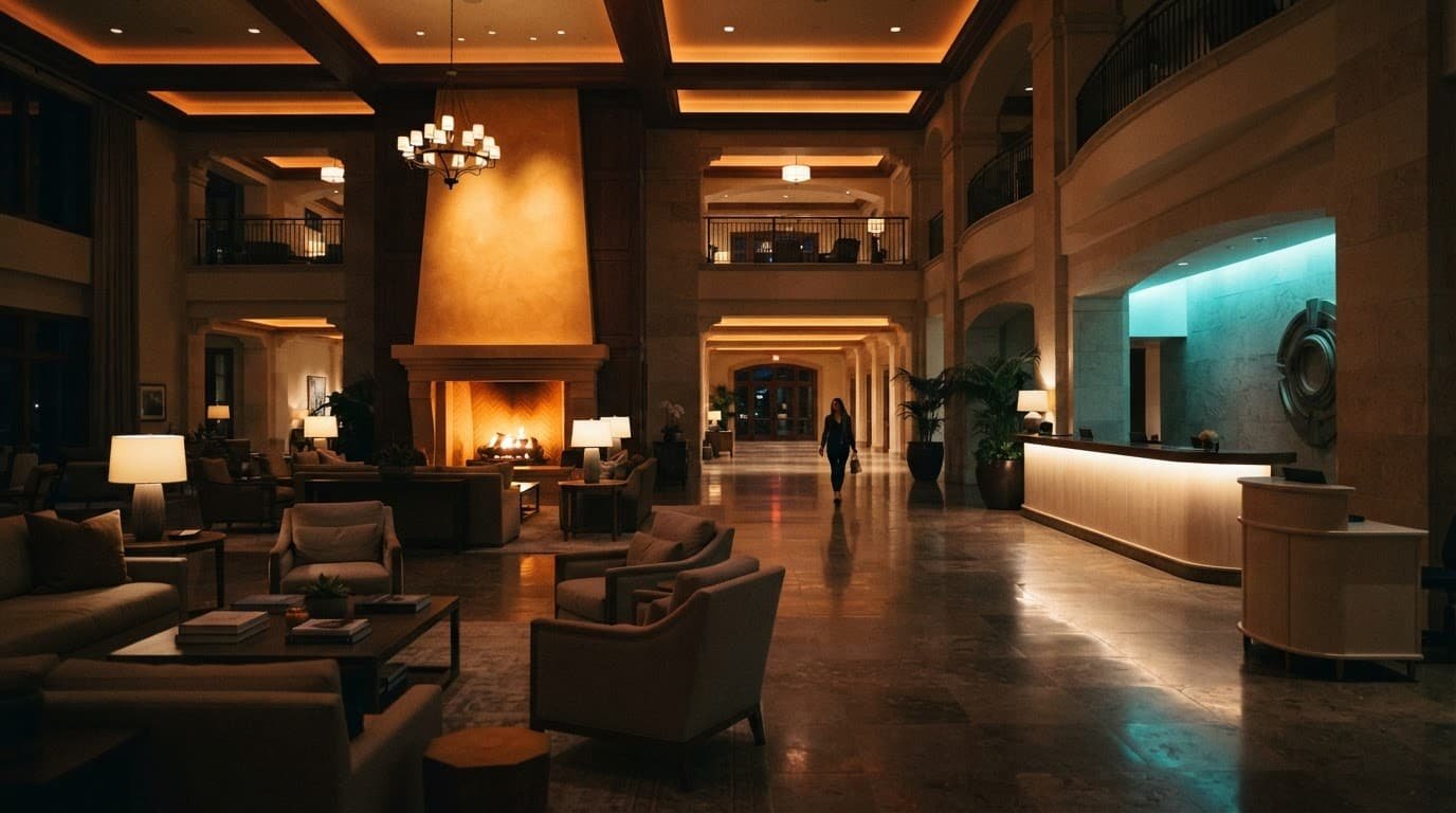 How to Plan a Split-Stay Disney Autism Vacation A softly lit resort lobby with lounge seating, cyan accents, and one distant guest.