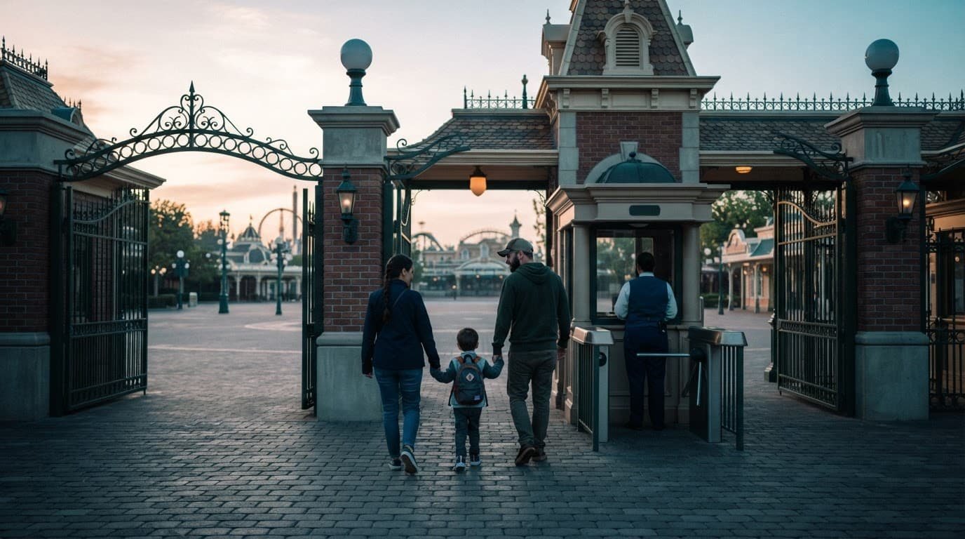 Families wait calmly at a park entrance.