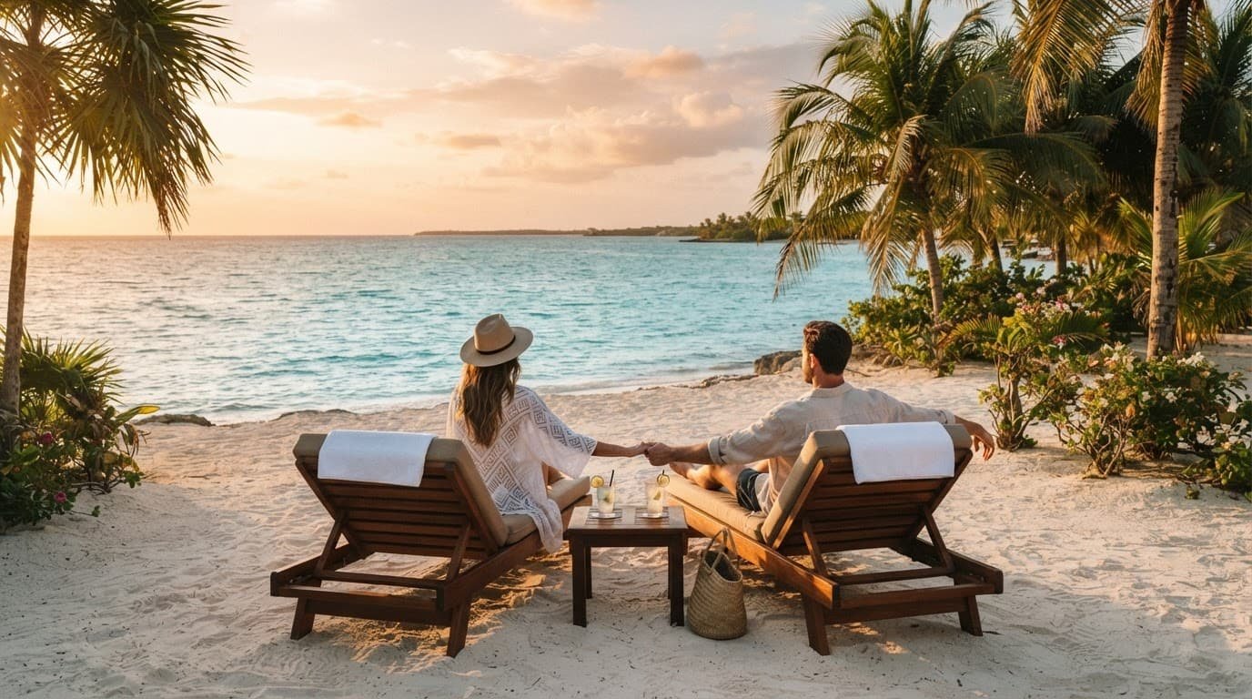 All Inclusive vs Cruise: A Stress-Free Honeymoon Choice Newlywed couple relaxing in lounge chairs on a quiet Caribbean beach.