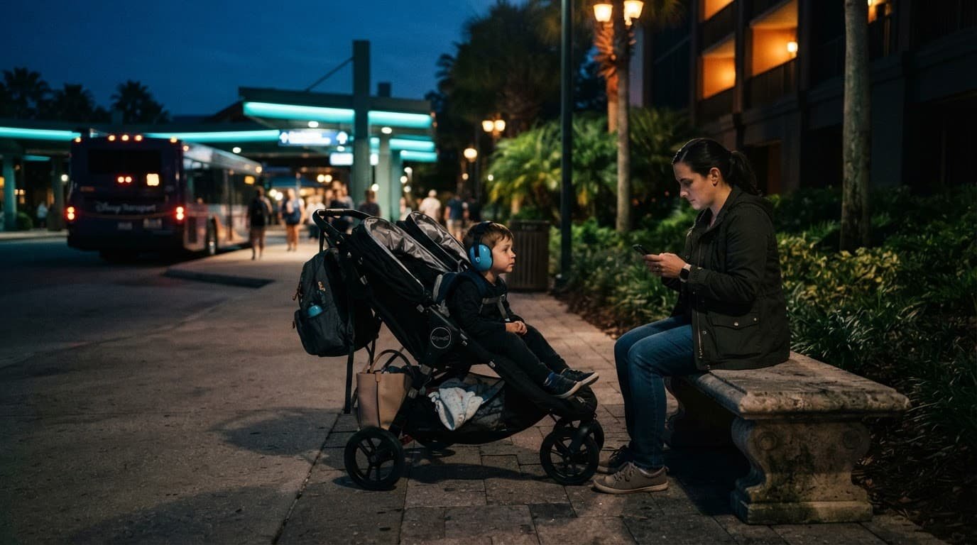 Disney World Sleep Plans for Autistic Kids Parent and child with a double stroller wait near a softly lit resort bus area.