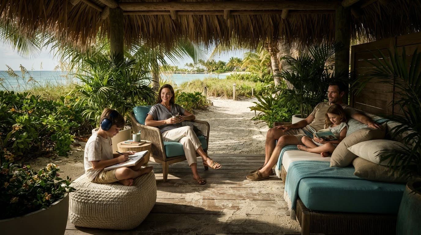 A family of four relaxes in a shaded tropical lounge near the beach.