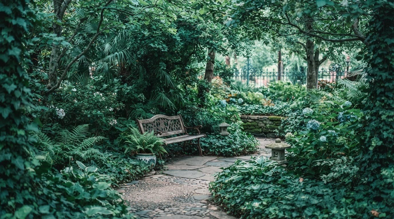 How to Plan a Split-Stay Disney Autism Vacation A shaded bench surrounded by lush greenery near a theme park.