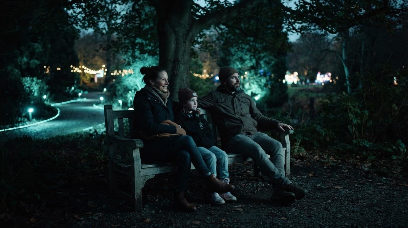 Disney Parade Viewing for Sensory-Sensitive Families Three people sit on a bench watching distant parade lights in a quiet park.