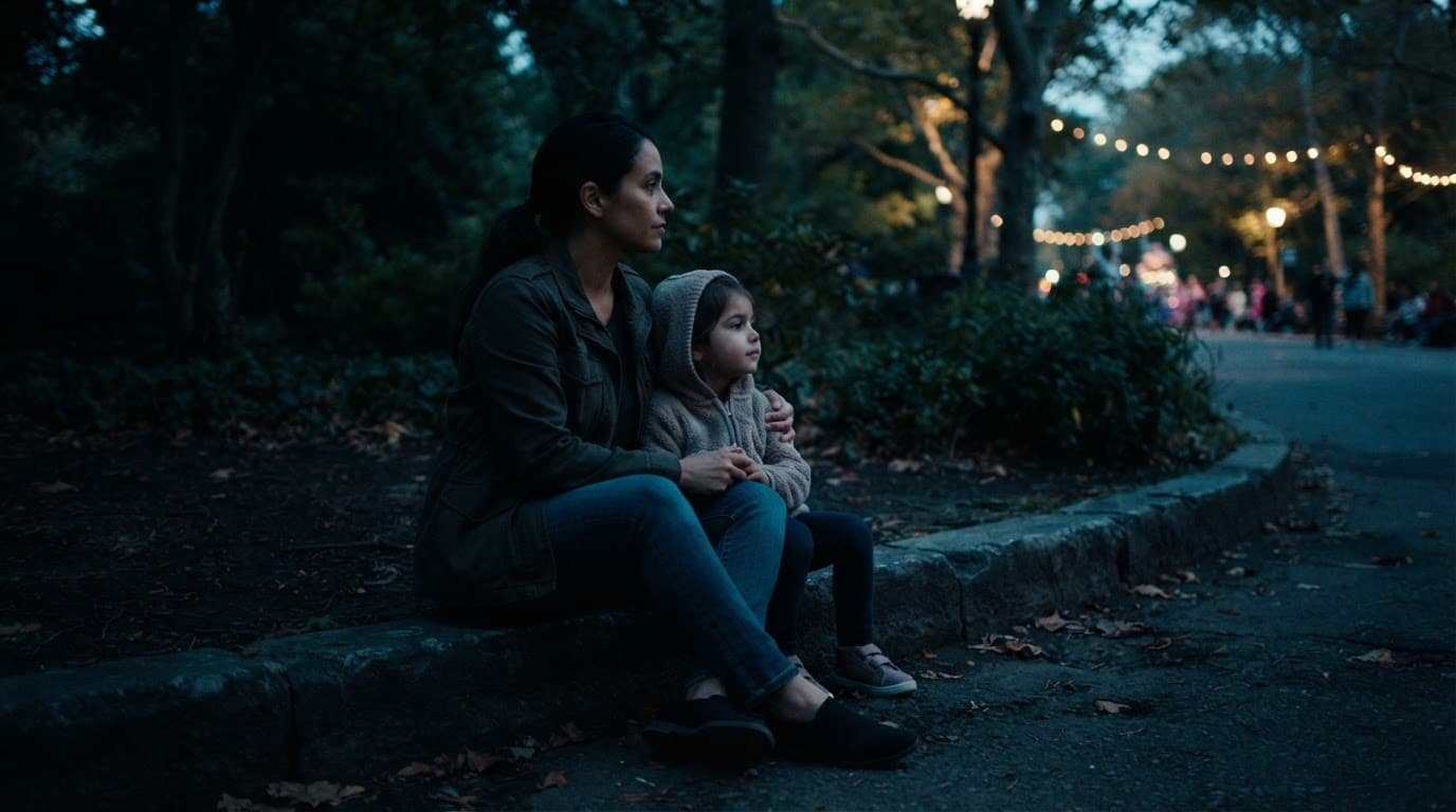 Disney Parade Viewing for Sensory-Sensitive Families A parent and child sit quietly at a park curb at dusk.