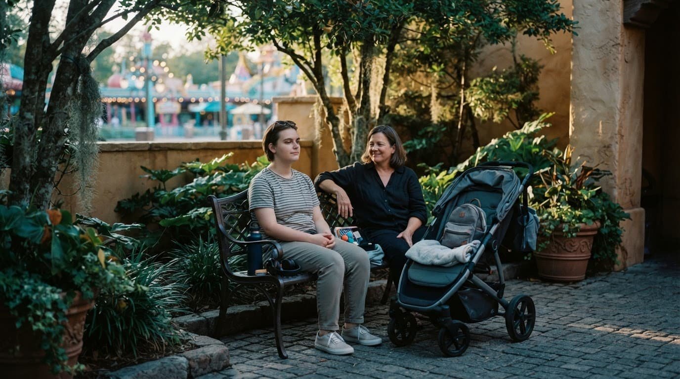 Two adults relax in a shaded courtyard with headphones, water, sunglasses, and a mobility chair.