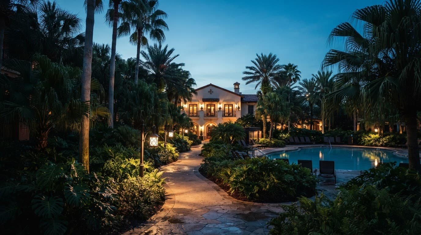 Disney Hotels vs. Vacation Rentals for Autism Families Palm trees and a quiet path lead through a warmly lit resort courtyard at dusk.