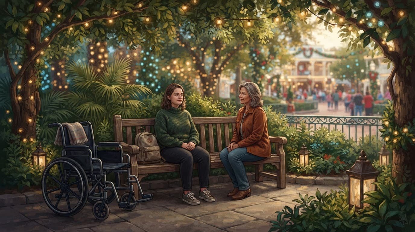 An autistic adult and caregiver pause in a shaded resort garden beside a wheelchair and comfort bag.