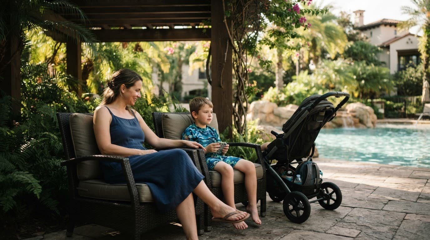 A parent and child rest beside a shaded resort pool with a stroller nearby.