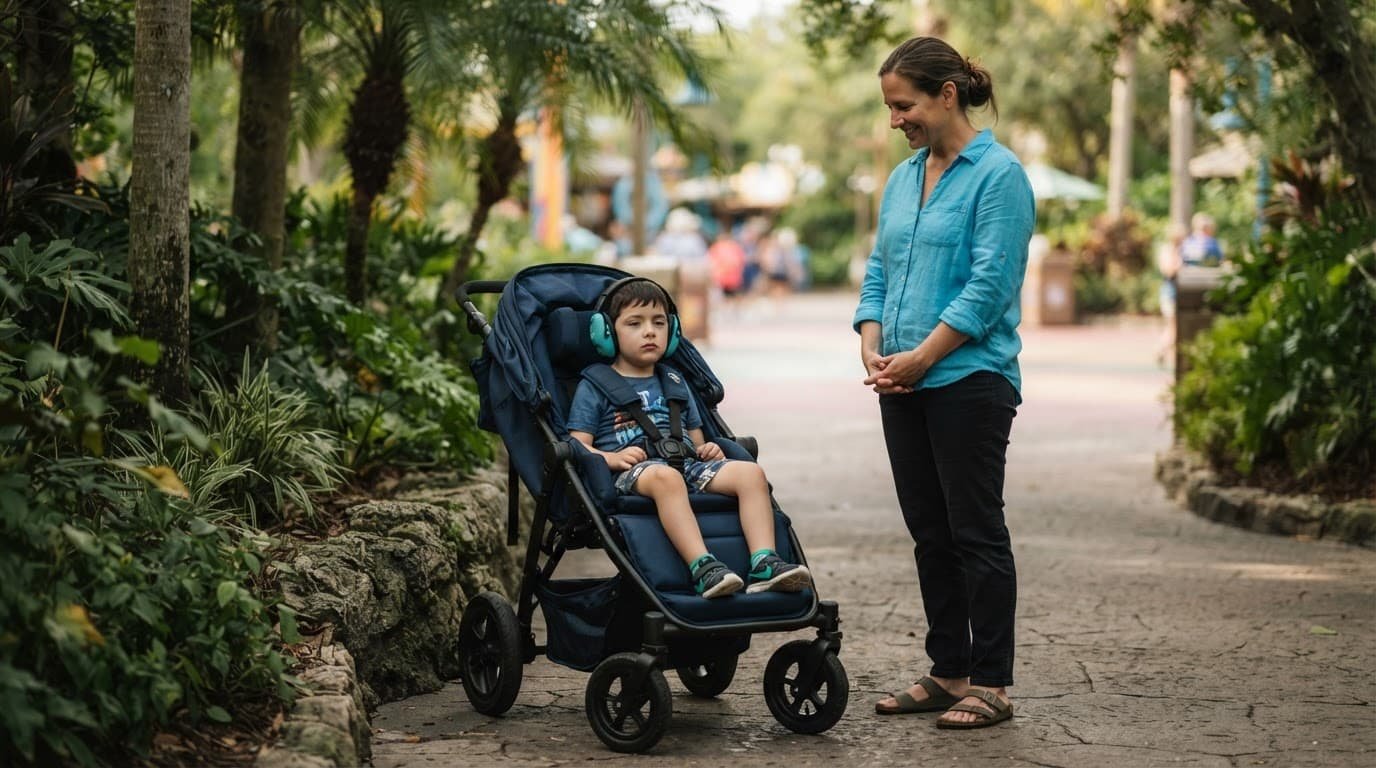 Disney World Autism Planning for Blended Families A child in headphones rests in an adaptive stroller while an adult caregiver stands nearby in a shaded park area.