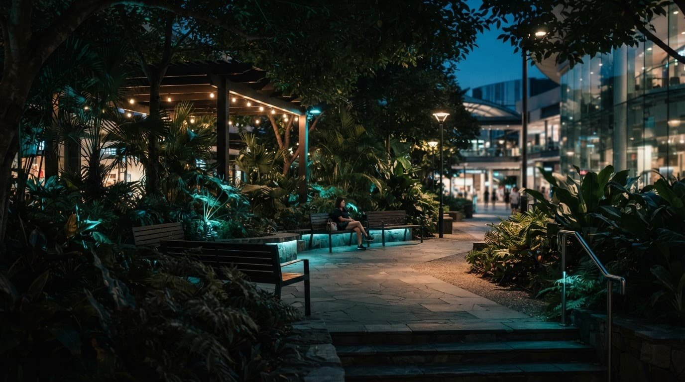 Disney Springs Autism Guide for a Calmer Evening One person sits on a bench among tropical plants near a modern shopping district.