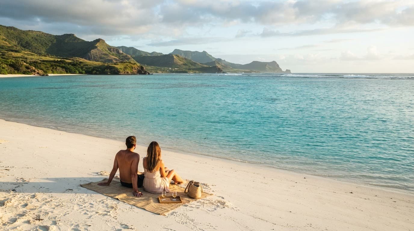 A couple relaxes beside a turquoise lagoon on a quiet white-sand beach.