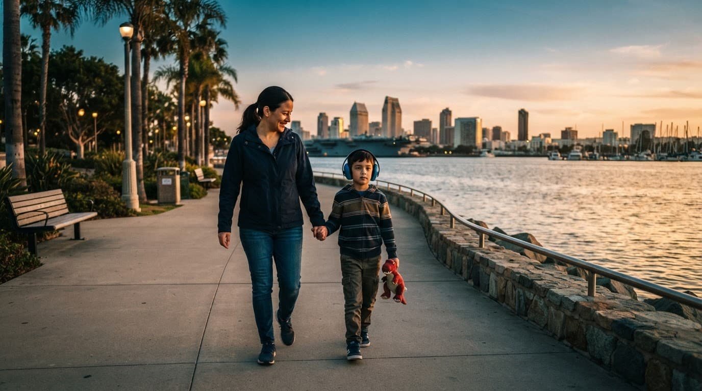 Parent and child walk beside the ocean, with headphones and a small travel item.