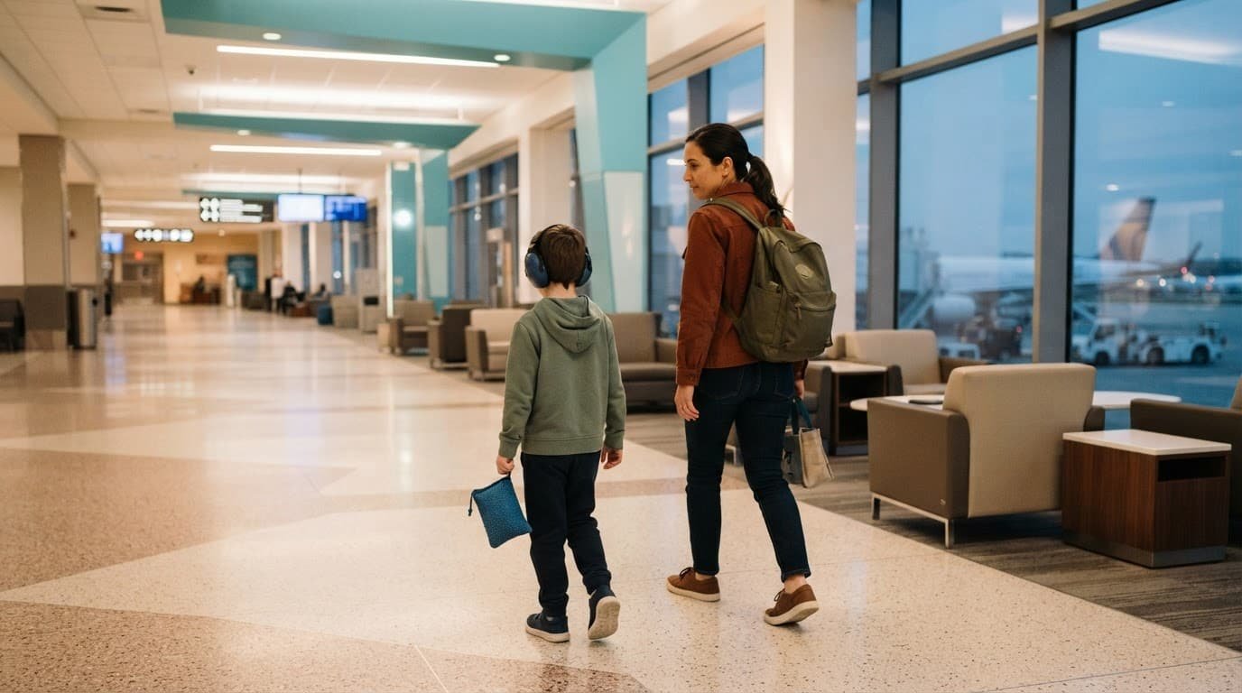 Child with headphones walking beside a parent in an airport.