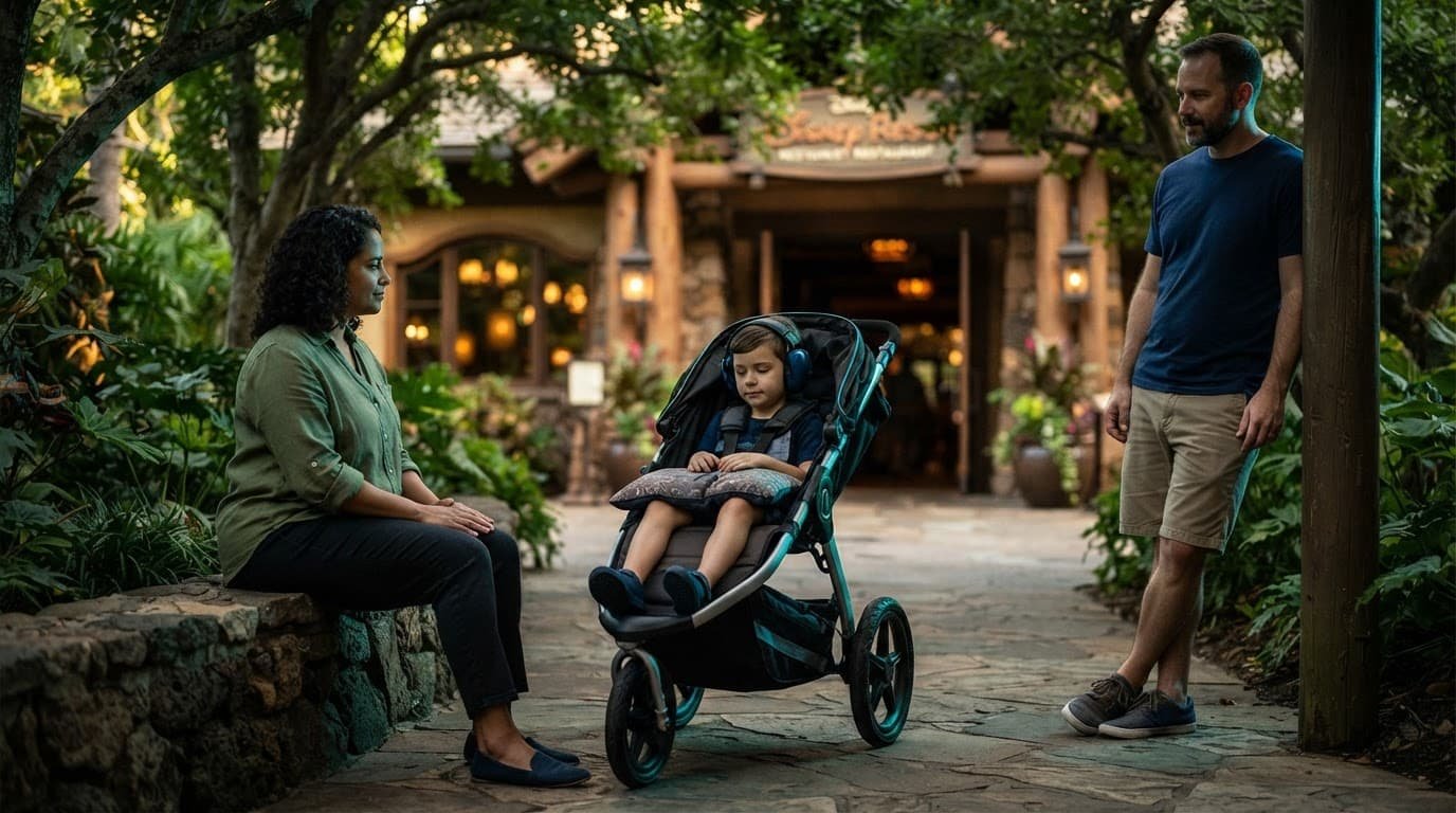 Disney Character Dining Autism: A No-Touch Plan Child in a stroller takes a quiet break with two caregivers outside a restaurant.