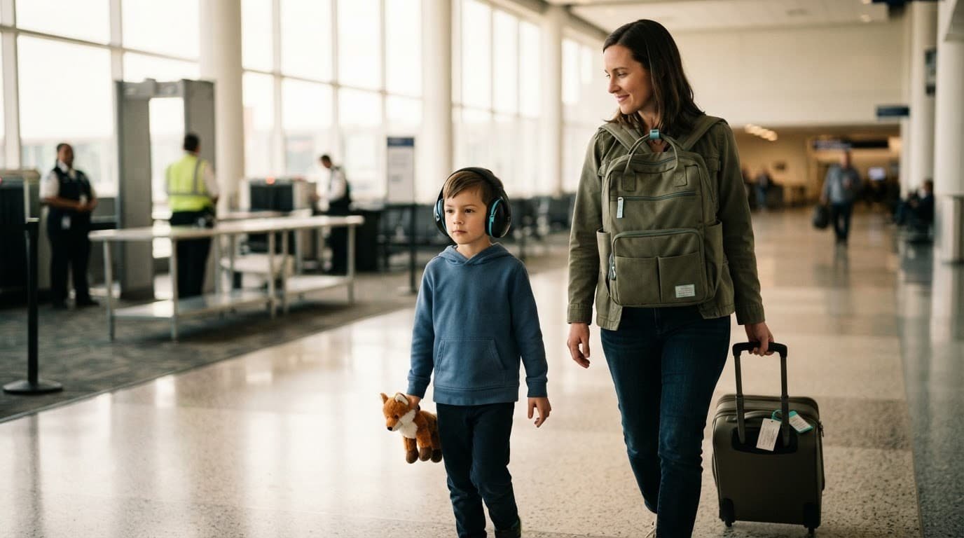 Child with headphones walks beside a parent through a bright airport terminal.