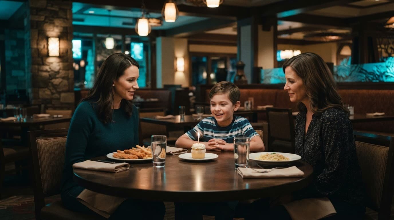 A child celebrates quietly with two adults over dinner and a small birthday cupcake.