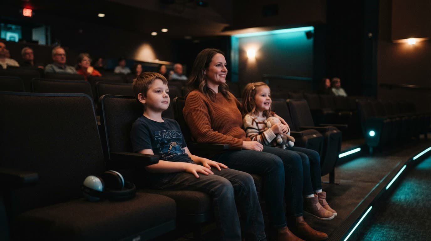 A child and family seated comfortably in a softly lit theater with headphones nearby.