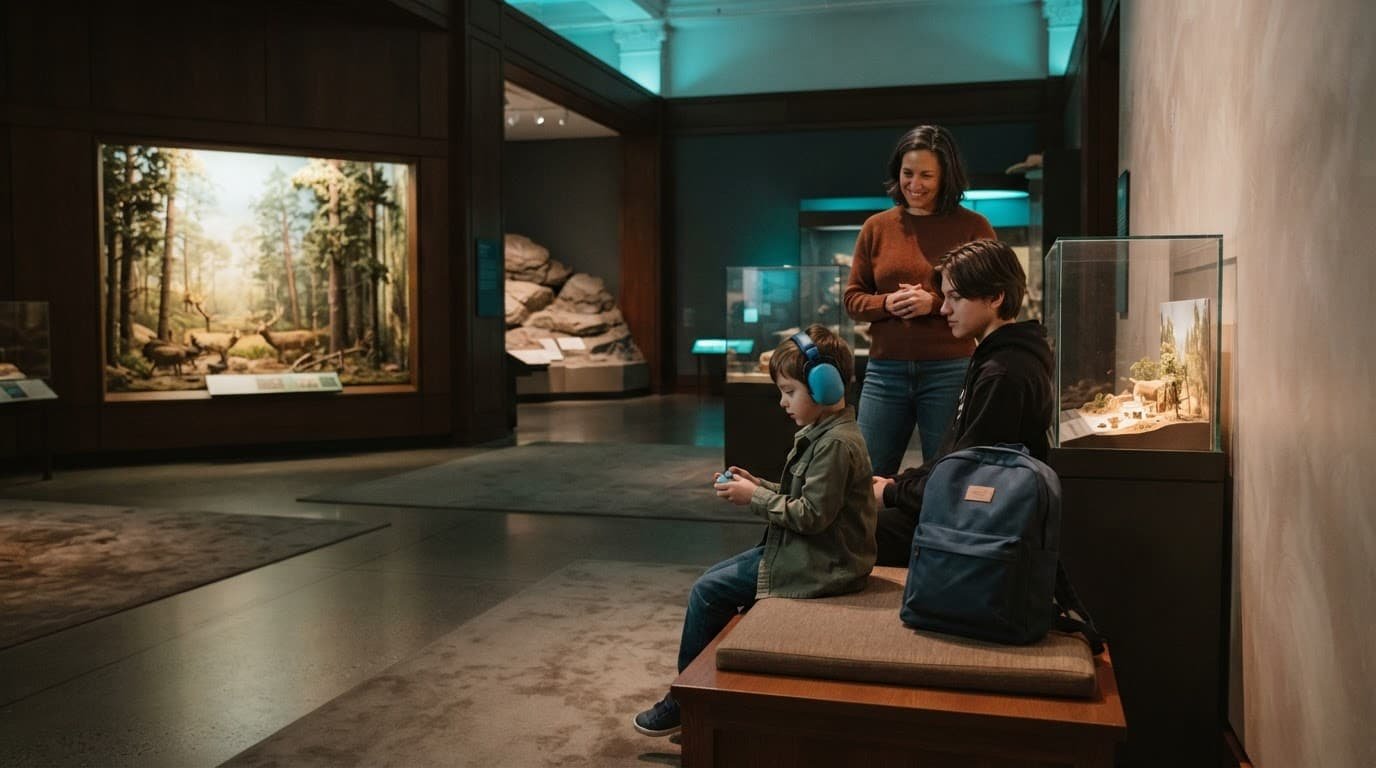 A family visits a quiet museum gallery with headphones and a sensory backpack.