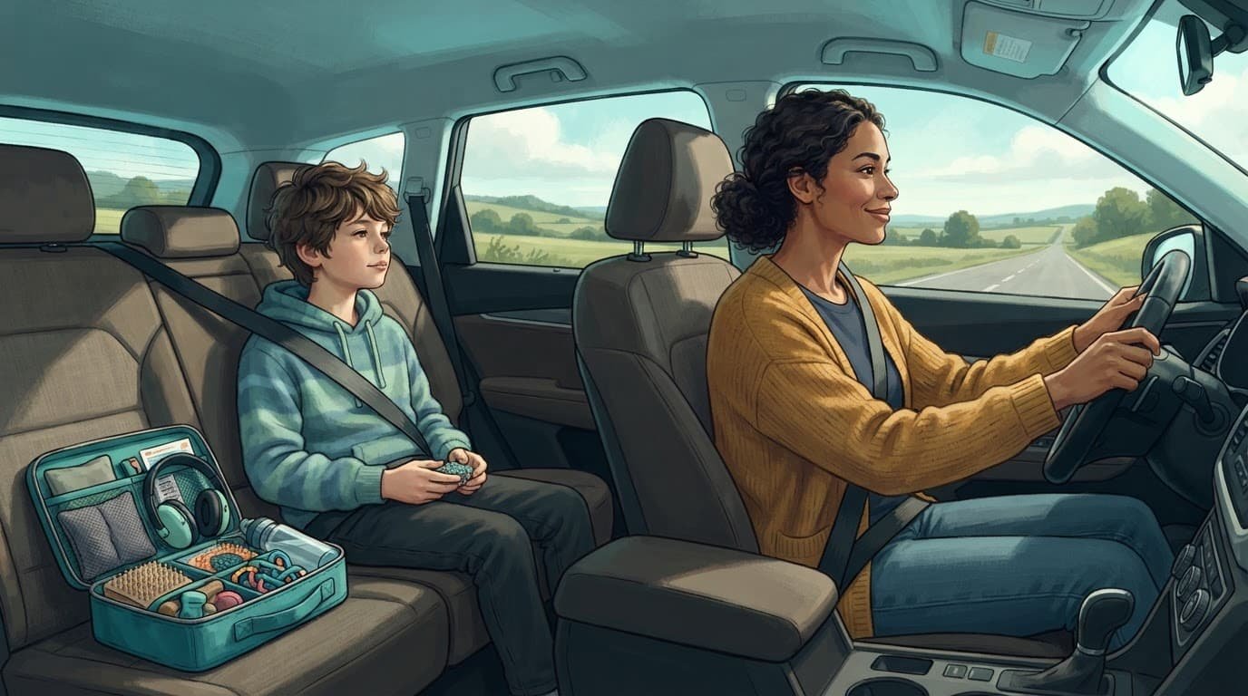 Parent and autistic child seated calmly in an SUV with a sensory bag nearby.
