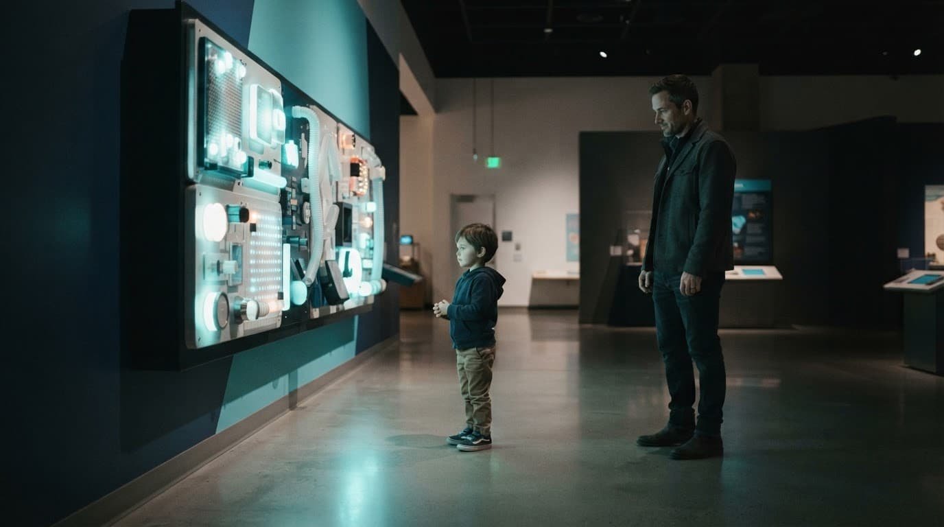 A child watches a tactile museum exhibit while a parent stands nearby.