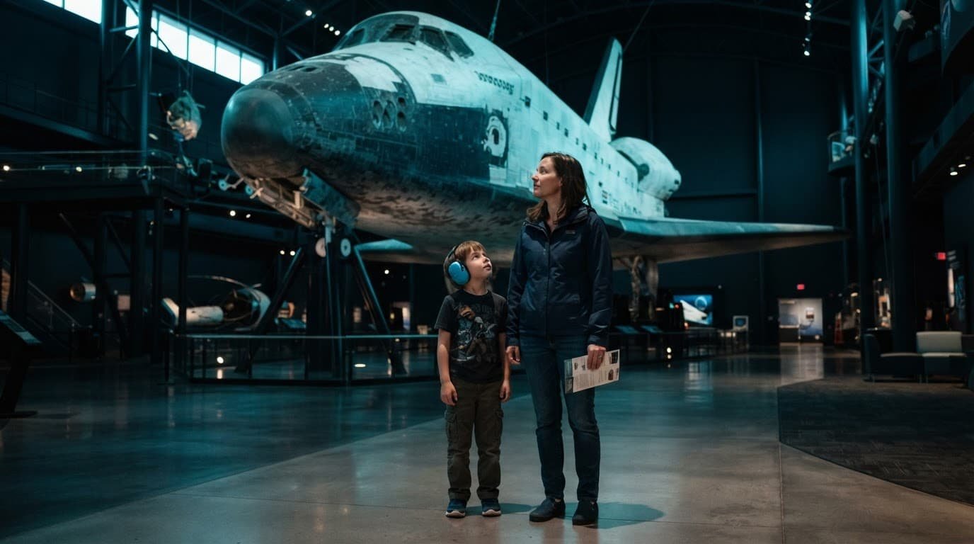A parent and child with headphones stand beside a space shuttle exhibit.