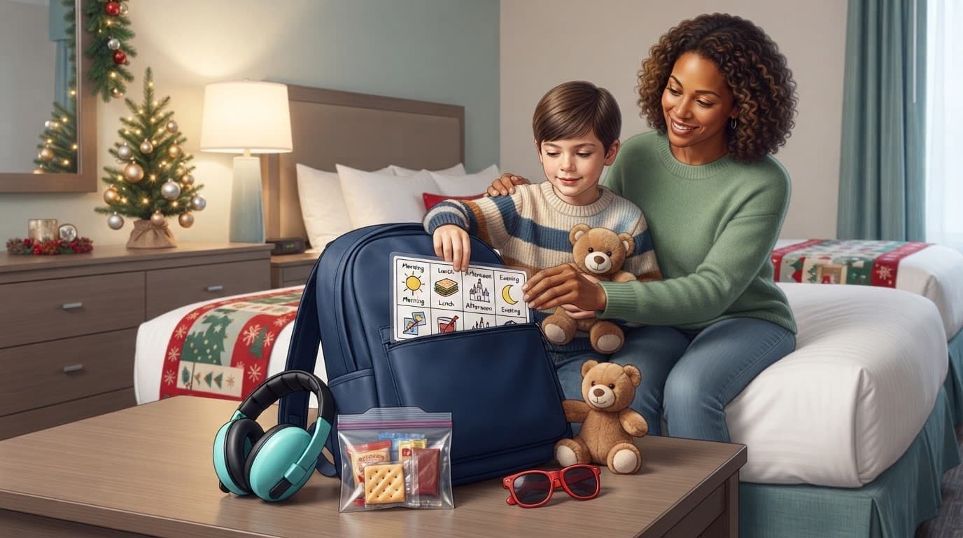 A caregiver and child pack headphones, snacks, sunglasses, and a comfort item in a calm holiday hotel room.