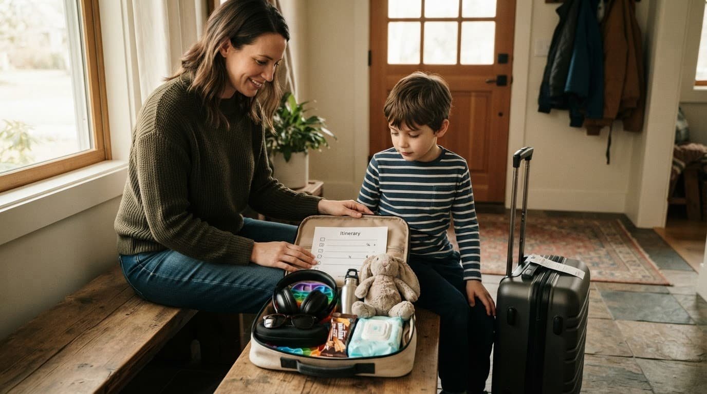 A parent and child pack sensory items beside a small suitcase.