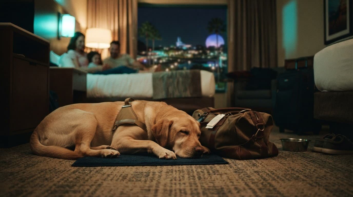 A service dog rests beside a travel bag on a hotel room floor.
