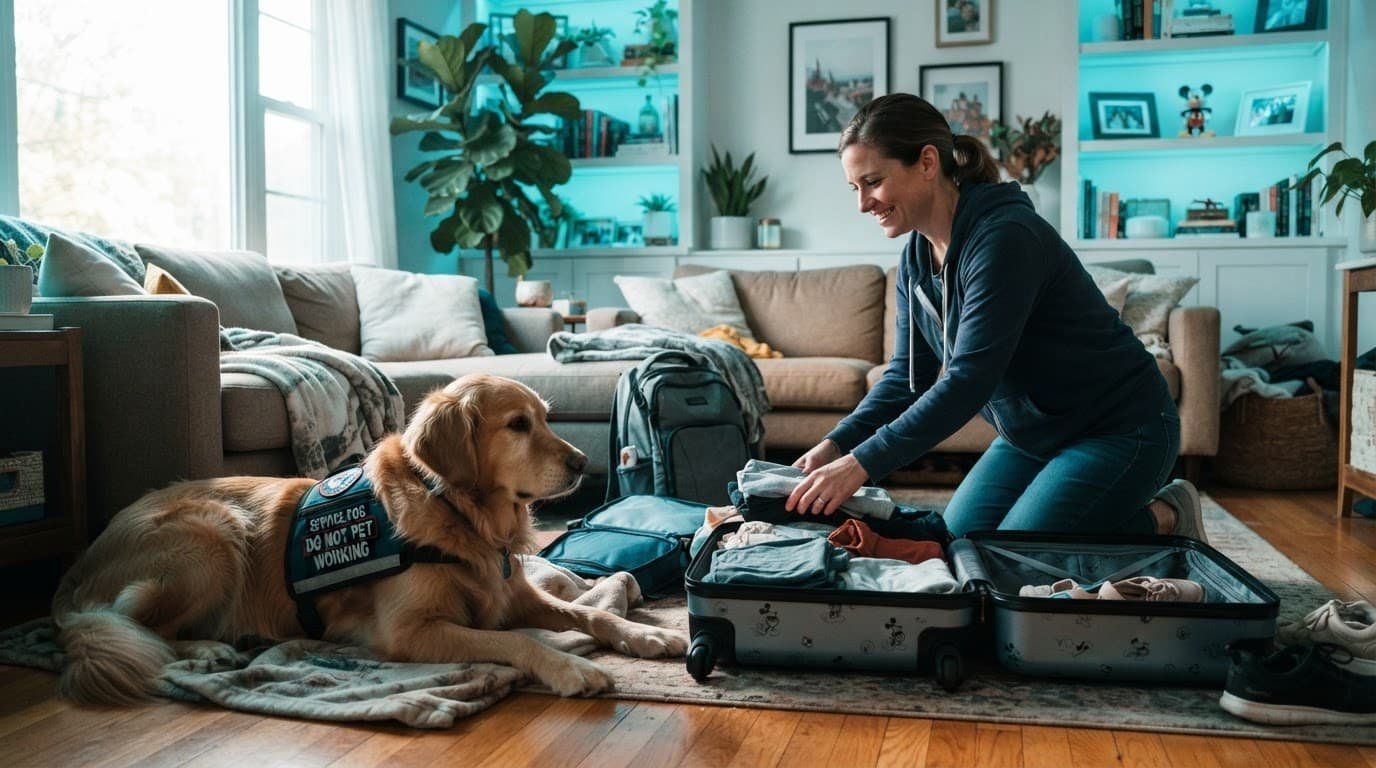 A vested service dog rests beside luggage as one person prepares for travel.