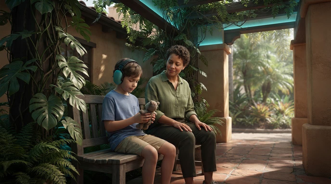 Disney World Autism Planning for PDA Families A parent and child rest in a shaded resort corner, with headphones, a comfort item, and tropical plants.