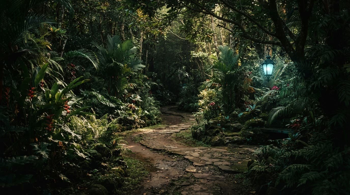 A quiet shaded path winding through lush resort garden greenery.