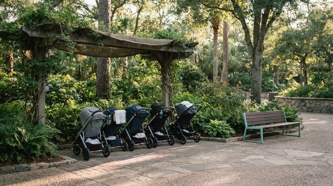 A stroller rests under green foliage in a quiet, shaded park area.