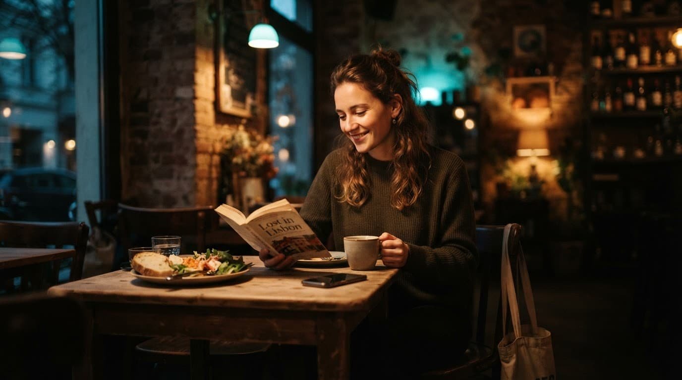 A traveler eats alone at a cafe table with a book and phone beside the meal.