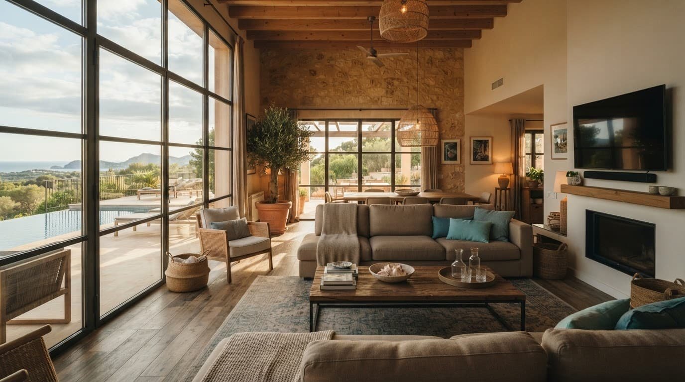 Multigenerational Vacation Planning Without Overbooking Comfortable villa living room with a sectional sofa, coffee table, and sunny windows.