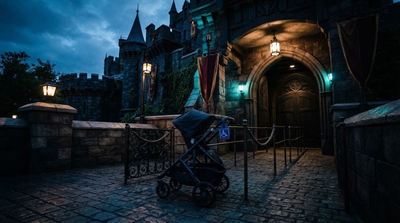 Magic Kingdom Autism Guide for a Calmer Park Day A stroller marked for wheelchair access sits outside a castle-themed ride entrance.