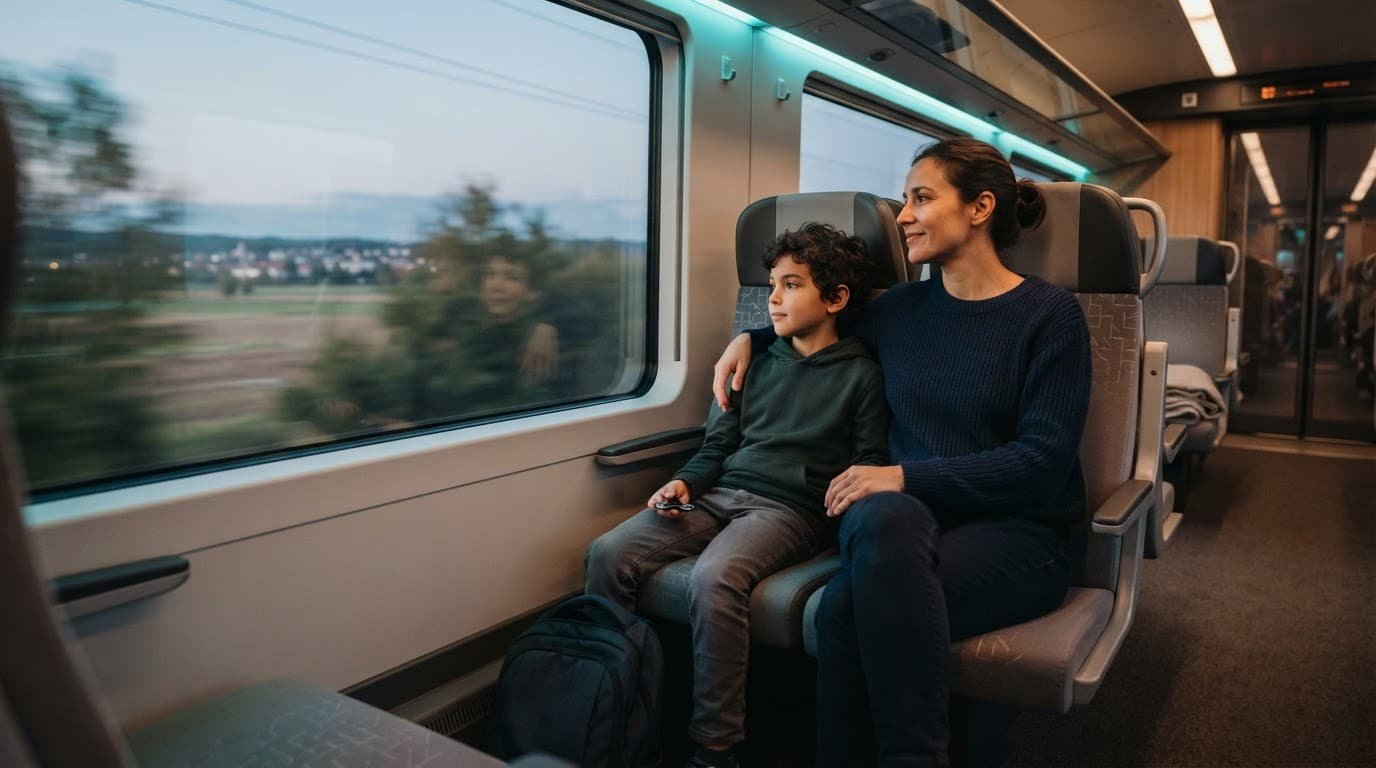 A parent supports a child seated beside them on a quiet train ride.