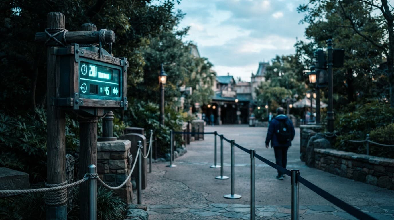 A digital queue sign at a theme park entrance with cyan lighting.