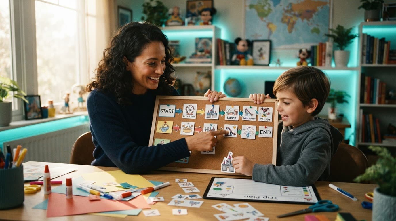 A parent and child arrange picture cards for a theme park trip at a bright desk.