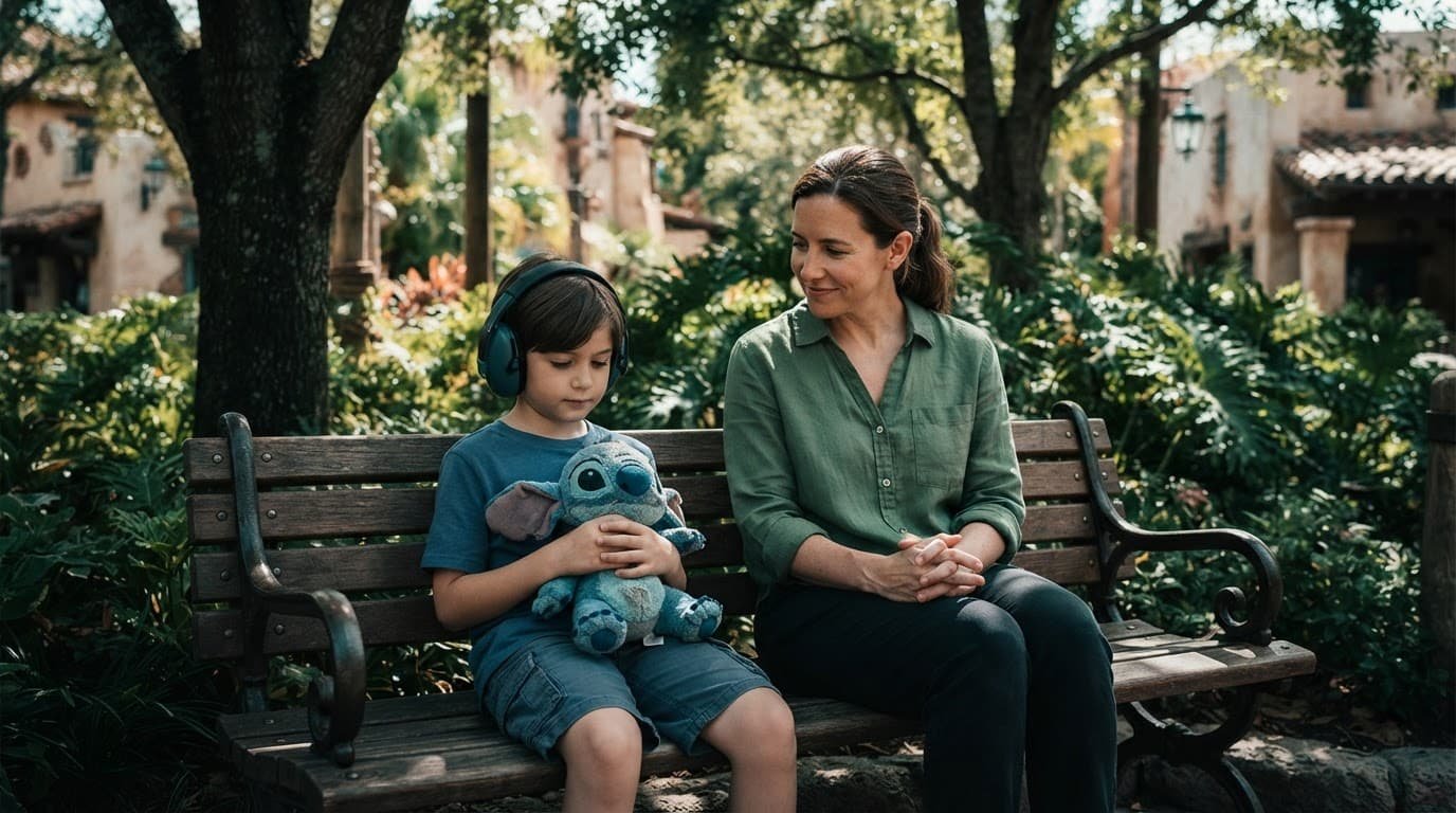 Disney World Autism Planning for Selective Eaters Parent and child share a quiet break on a shaded park bench.