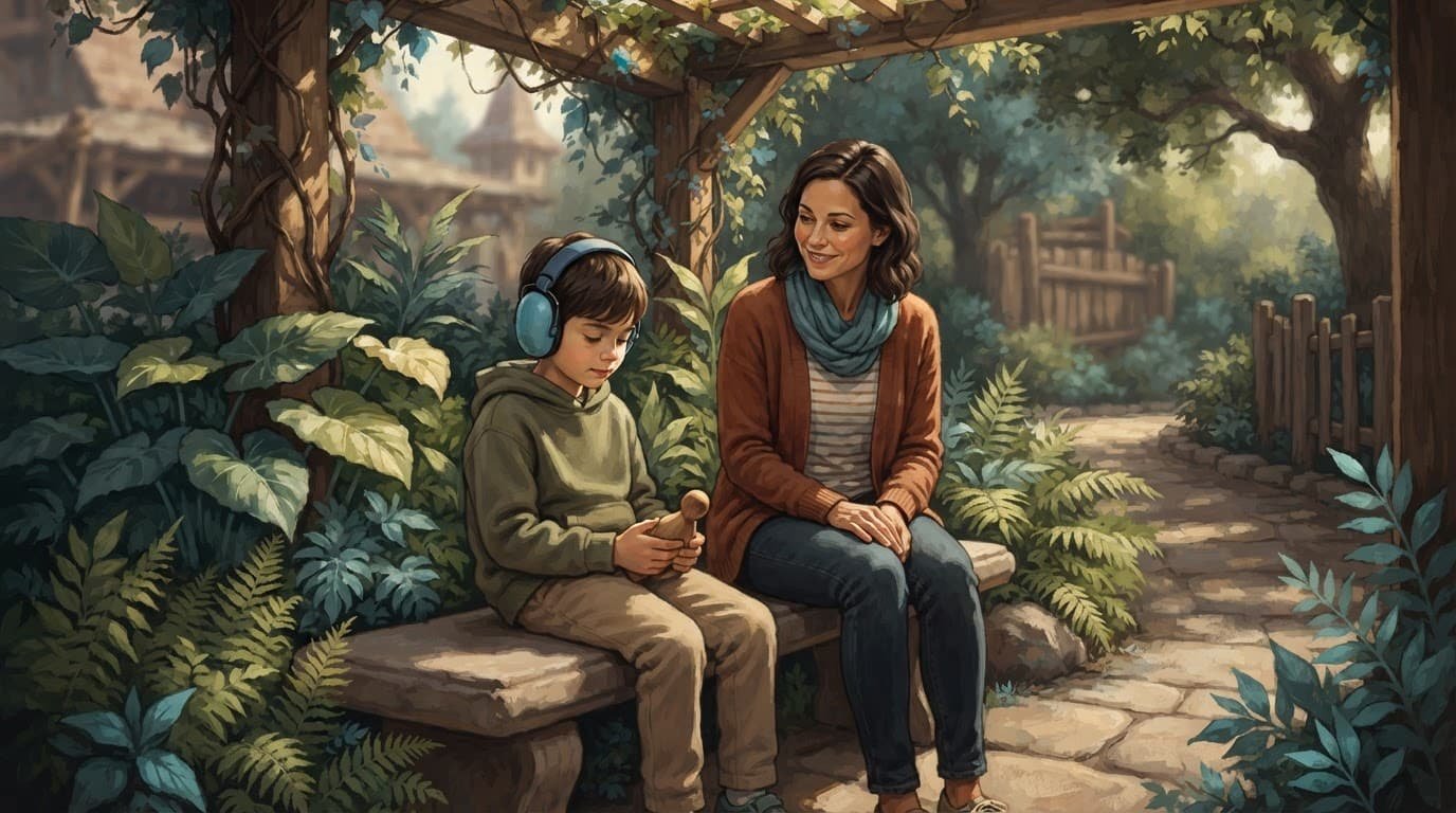Child with headphones takes a quiet garden break beside a caregiver.