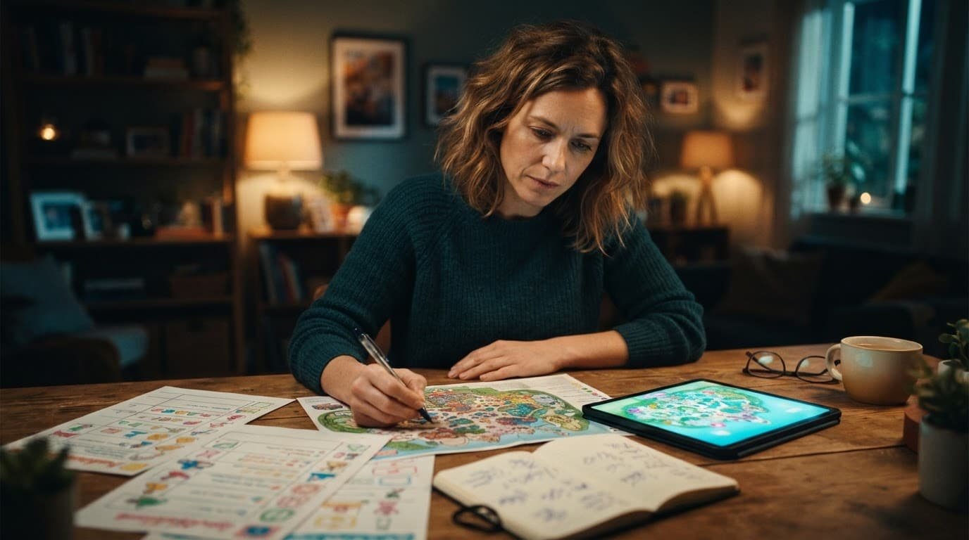 Disney California Adventure Autism: First Visit Guide A parent reviews travel maps and notes beside a tablet at a wooden desk.